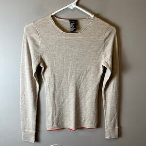Theory Women’s Ribbed 100% Wool Sweater Beige Tan‎ Size Medium Fitted Minimalist
